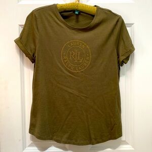 Ralph Lauren olive green, tee with metallic gold logo on front Size Lg